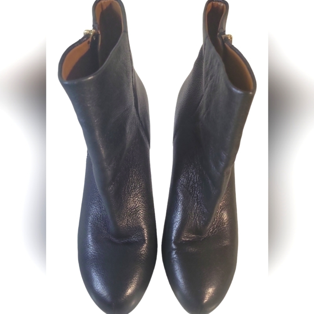 Zara Women's Black Leather Mid-Heel Side Zipper Goldtone Trim Ankle Boots 38